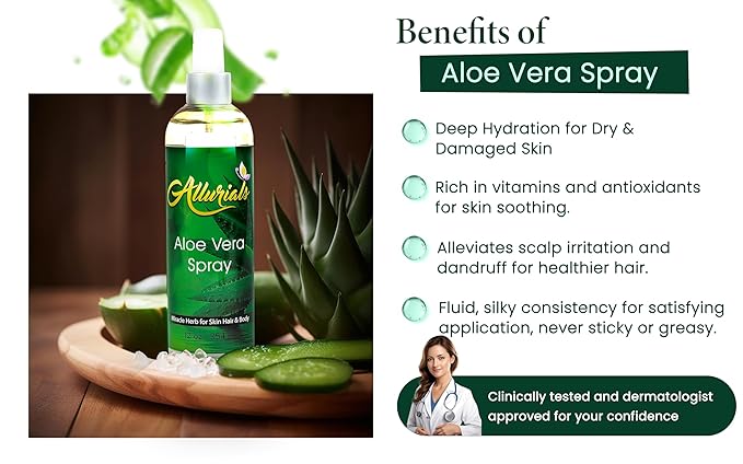 Allurials 99.75% Pure & Organic Aloe Vera Spray, Clinically tested & Dermatologist approved, Hydrates & Heals Dry & Damaged Skin & Hair- 12 Oz