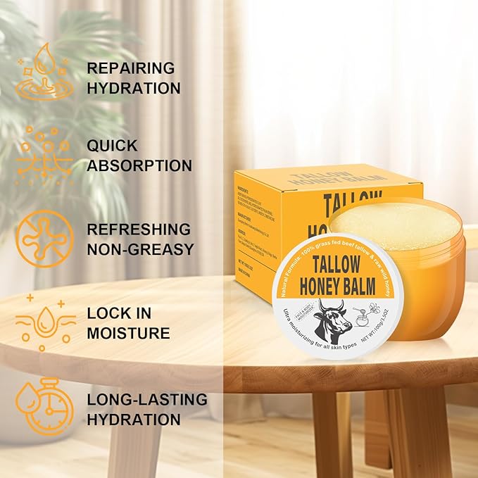 Beef Tallow for Skin, Natural Tallow Balm Face & Body Solid Moisturizer with Raw Honey and Beeswax, Grass-Fed Beef Tallow & Raw Wild Honey Blend, Hydrating Body Lotion for Nourishment,100G/3.5OZ (1PC)