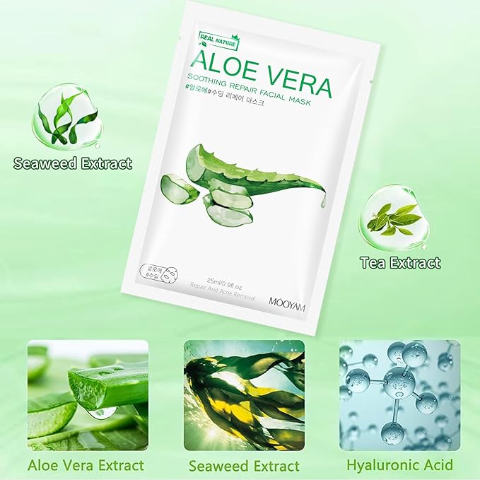 Aloe Vera Face Masks Sheets Skin Care for All Skin Types, Deeping Hydrating Face Masks Soothing Facial Mask for Sensitive Skin Types, Moisturize Nourish Rejuvenating Facial Masks Skin Care 15Sheets