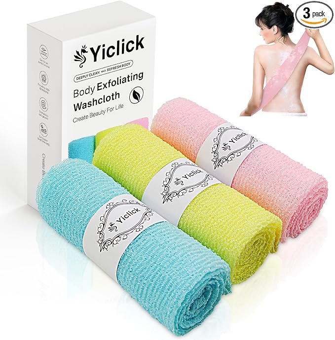 Yiclick Exfoliating Washcloth Towel, Japanese Exfoliating Wash Cloth, Korean Body Scrubber Exfoliator, Back Scrubber Washer for Shower Bath, Body Scrub African Net Sponge Loofah Luffa Colors