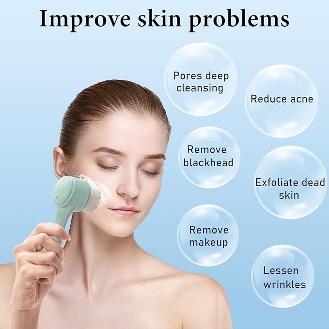 Face Brush 2 in 1, Silicone Facial Cleansing Exfoliating Brush Soft Bristles Pore Deep Cleansing, Jade Face Roller Skin Care Tools, Manual Dual Face Wash Scrub Brush Massaging Gift, Blue+Green