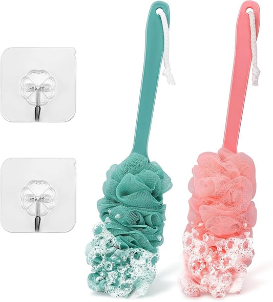 2Pack Back Scrubber for Shower Loofah with Long Handle, Shower Brush for Body, 17″ Loofah on a Stick for Men Women Bathing Accessories, Scrubber Sponge for Exfoliating Bath Brushes (Pink & Green)