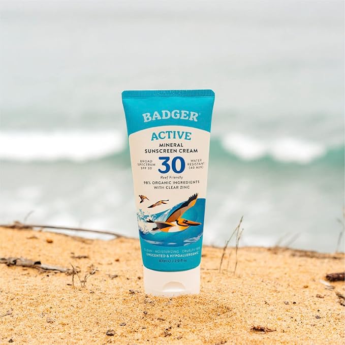 Badger Mineral Sunscreen Cream SPF 30, Zinc Oxide Sun Care, 98% Organic, Reef Safe, Water Resistant, Unscented Face and Body Sunscreen Travel Size, 2.9 fl oz