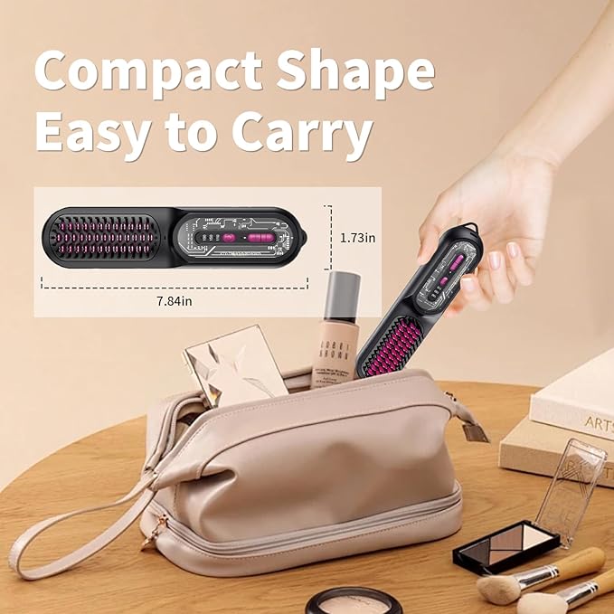 Travel Brush for Women, Portable Cordless Hair Straightener Brush, Mini Hair Straightener with 9600mAh Battery, Fast Charging & 100M Negative Ions - Cordless Portable Styler for On-The-Go (Black)