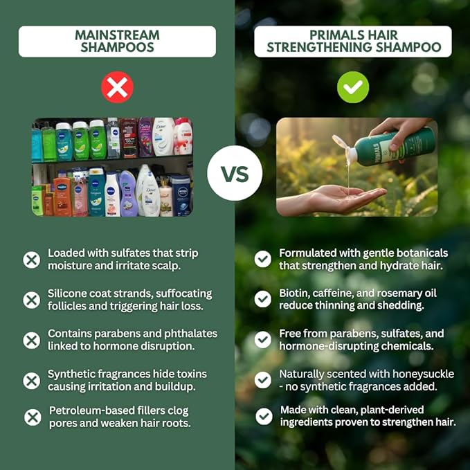 PRIMALS Hair Strengthening Shampoo - Caffiene, Biotin, Raw Honey, Rosemary Oil - Anti Hair Thinning - Natural Ingredients - Zero Artificial Fragrances, Sulfates, Parabens, or Dyes - 13.5 Fl Oz