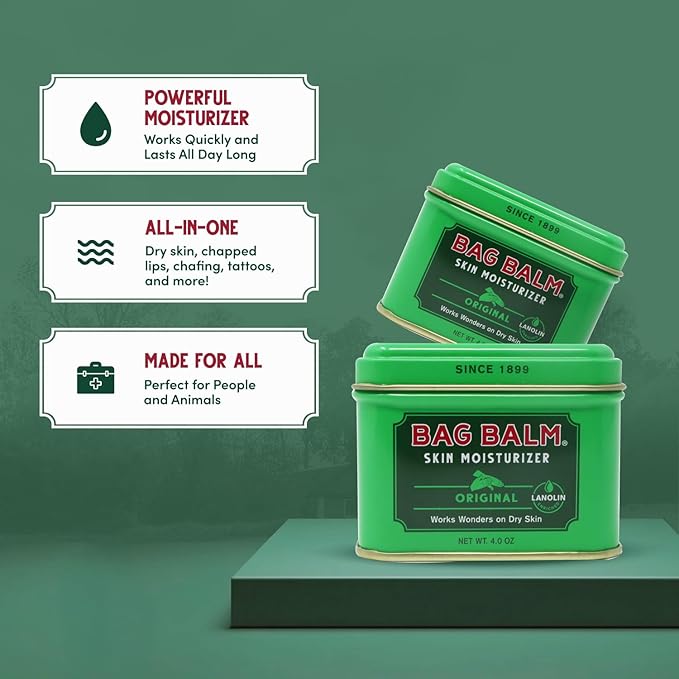 Bag Balm Vermont's Original Skin Moisturizer - Full Body Hydrating Skin Care: Dry Hands, Lips, Face, Feet & More - Unscented, Cruelty & Paraben Free - Day & Night, Men & Women (4oz Tin, Made in USA)