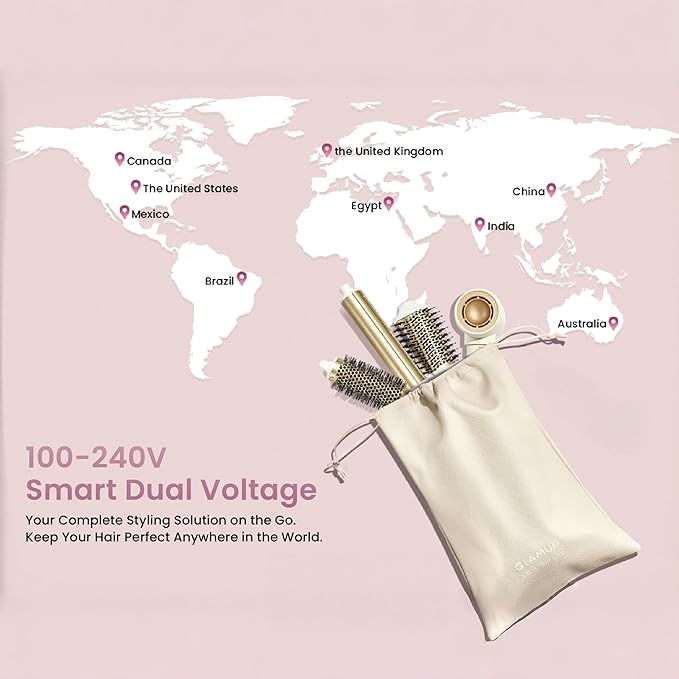 GLAMUP® Dual Voltage 6 in 1 Hot Air Styler, Upgraded Long Barrel, Diffuser, Round Brush, Powerful High Speed Dryer, Tight Grip, Curling Volumizing Gift Set with Bag, Travel Friendly