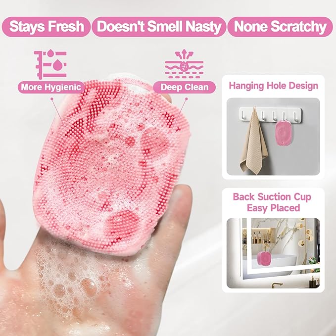 2 PCS Face Scrubber, Soft Silicone Face Exfoliator with Suction Cup for Man and Women Deep Skin Clean (Body Scrubber + Face Scrubber Pink)