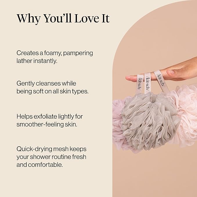 Kitsch Shower Loofah – Soft Mesh Body Scrubber & Bath Sponge for Daily Gentle Cleansing – Durable Loofah for Men and Women with Hanging Loop, Eco-Friendly, 100% PCR Material – 3pc Set, Ballet