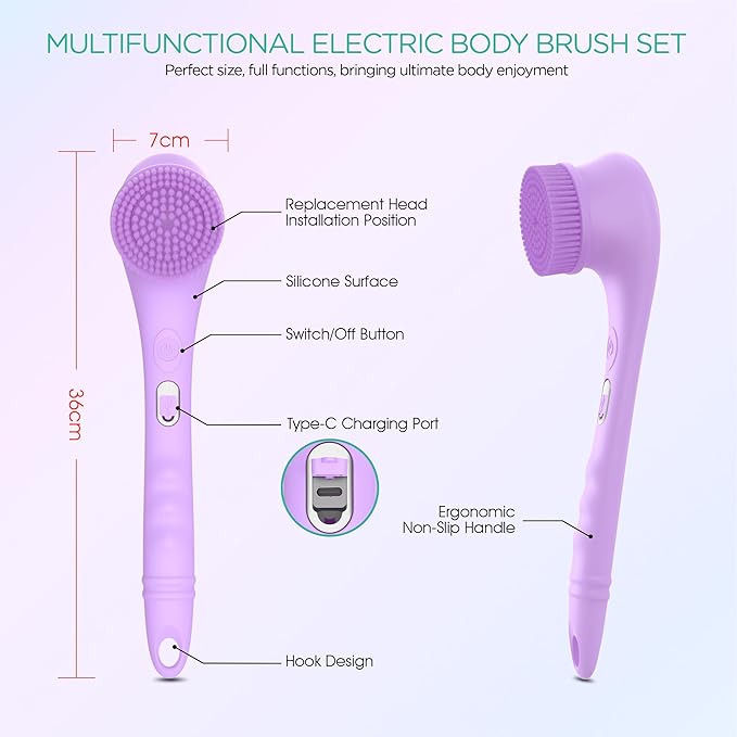 VOYOR Electric Body Brush Back Scrubber Silicone Body Scrubber Two-Way Rotating Brush Head for Deep Cleaning, Exfoliation, 4 Attachments Long Handle IPX6 Rechargeable Shower Brush BC300 (Purple)