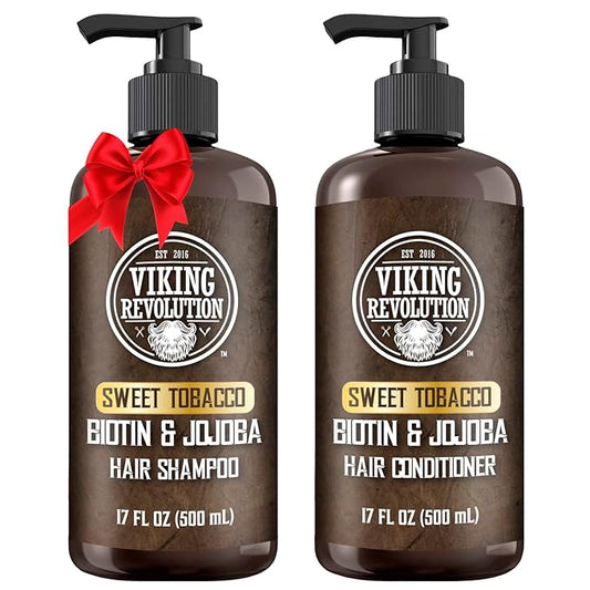Viking Revolution Sweet Tobacco Mens Shampoo and Conditioner Set with Biotin and Jojoba Oil - Natural Hair Shampoo and Hair Conditioner for Men with Vitamin B5 - Mens Shampoo for Thinning Hair (17Oz)