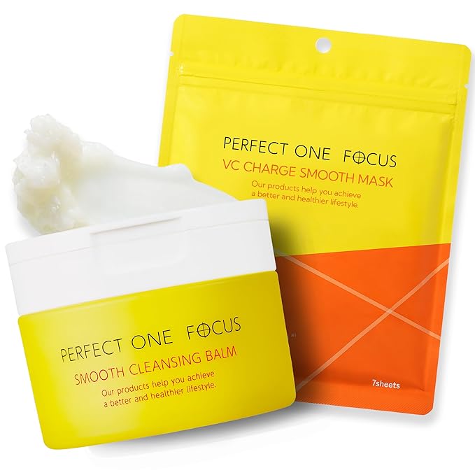 PERFECT ONE FOCUS Skincare Bundle – VC Charge Smooth Sheet Masks (7 Sheets) + Smooth Cleansing Balm (2.64oz) – Vitamin C, Charcoal, Hyaluronic Acid, Ceramides & Niacinamide for Hydrating