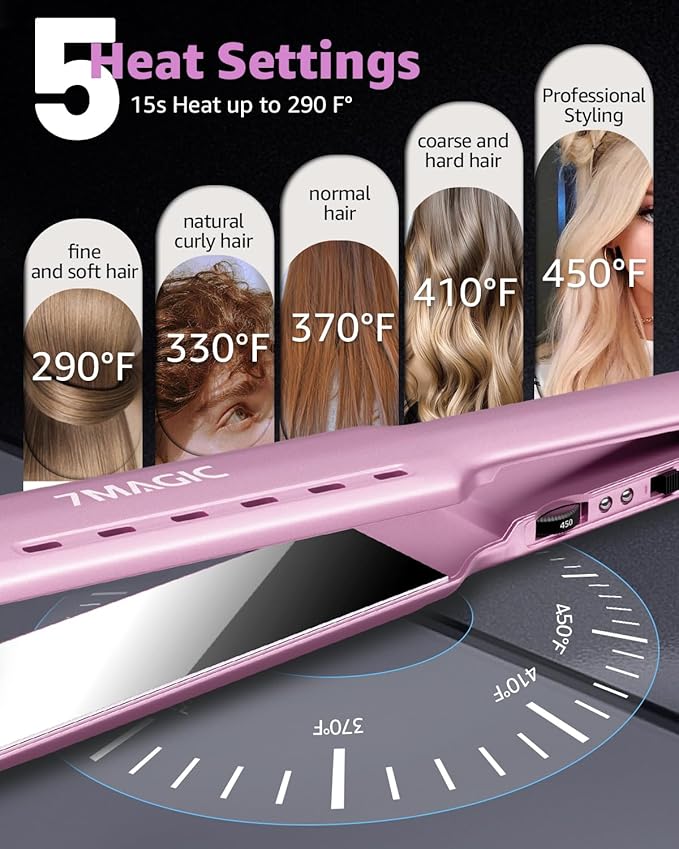 7MAGIC Nano Titanium Hair Straightener, 1.7" Wide Flat Iron for All Hair Types, Flat Iron Hair Straightener with 5 Temp, Hair Iron with Dual Voltage, Straightening Iron for Fast Straightening, Purple