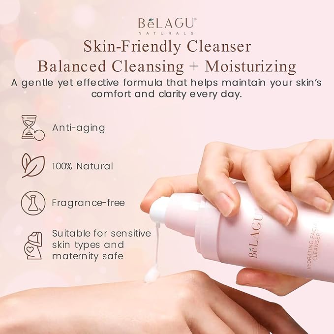 BeLAGU Hydrating Facial Cleanser with Squalane - Gentle Water Based Cleanser and Face Wash for Sensitive Dry or Oily Skin - Natural Daily Cleansing to Hydrate and Calm Clean Balanced Skin - 4.1 fl oz