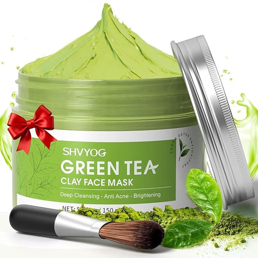 SHVYOG Green Tea Face Mask, Antioxidant Green Tea Clay Mask with Volcanic Mud, Deep Cleansing & Moisturizing & Hydrating Clay Facial Mask for Pores, Blackheads, Wrinkles, Dirts
