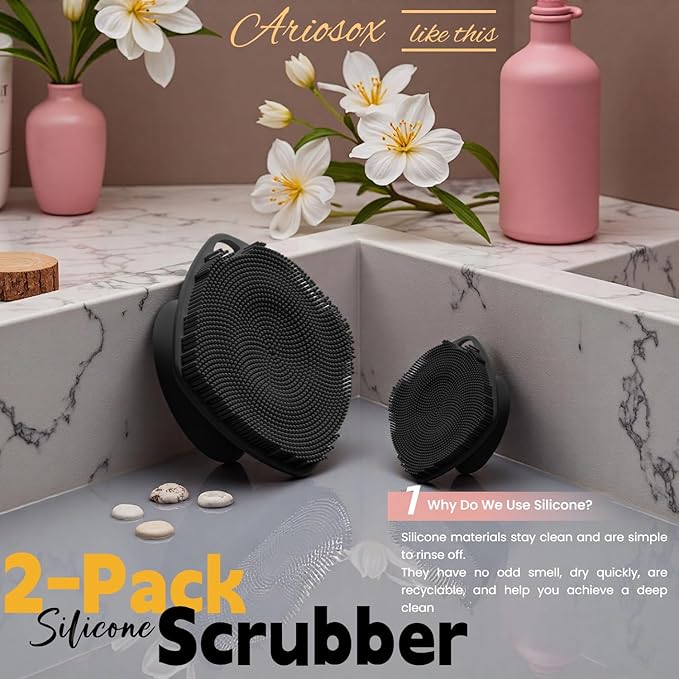 Silicone Body Scrubber with Suction Cup, Gentle Texture Exfoliating Body Scrubber for Men and Women On Sensitive Skin, Build Up Lather, Deep Skin Clean (Body+ Face Scrubber Black)