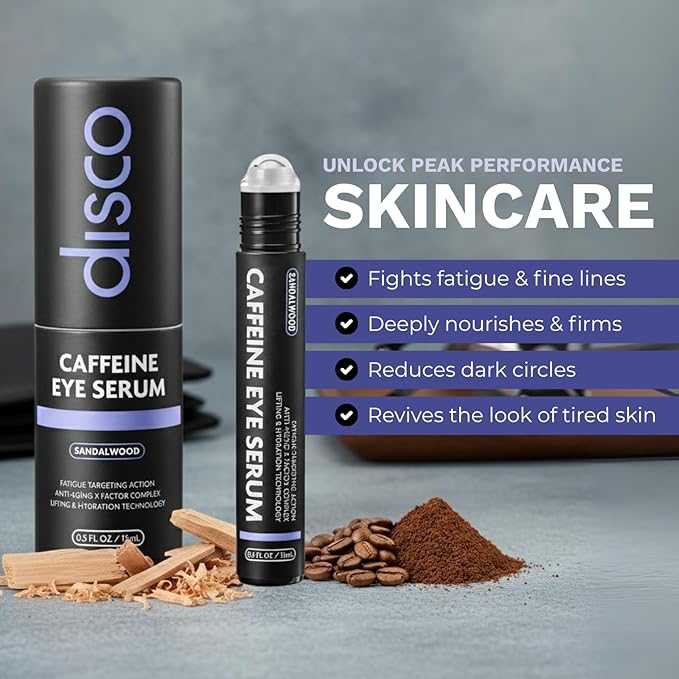 Disco Eye Serum, 12% Caffeine 8% Hyaluronic Acid, Niacinamide Peptides, Puffy Bags Fine Lines Dark Circles Wrinkles, Sandalwood - Hydrating Vitamin C 360° Roller Massage Ball Anti-Aging Cream 0.5oz