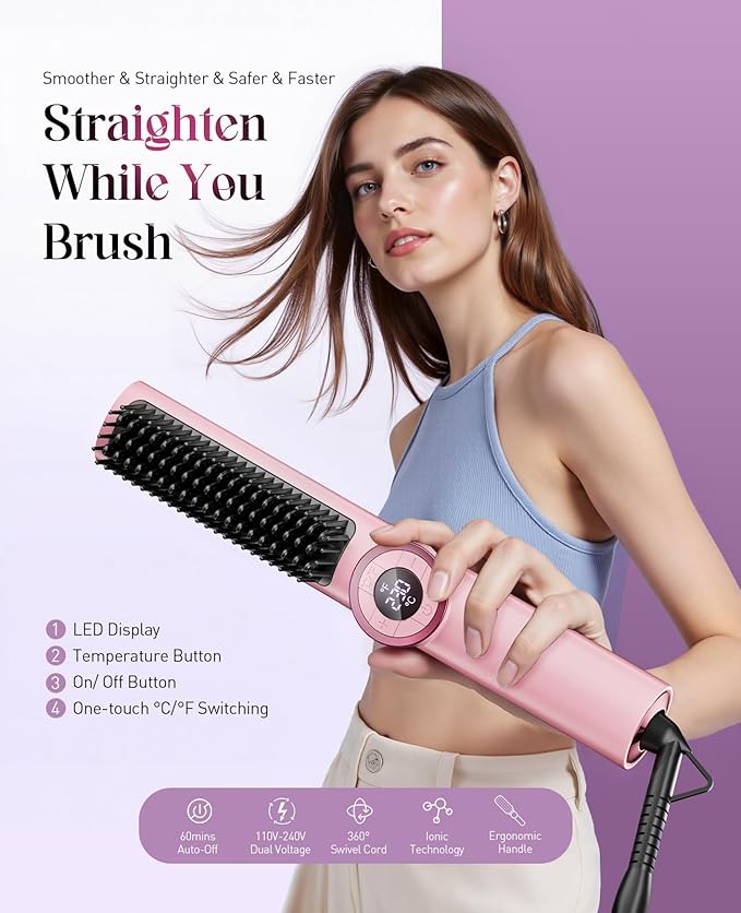 Hair Straightener Brush: Upgraded Straightening Comb for Women with Dual Voltage, Pink