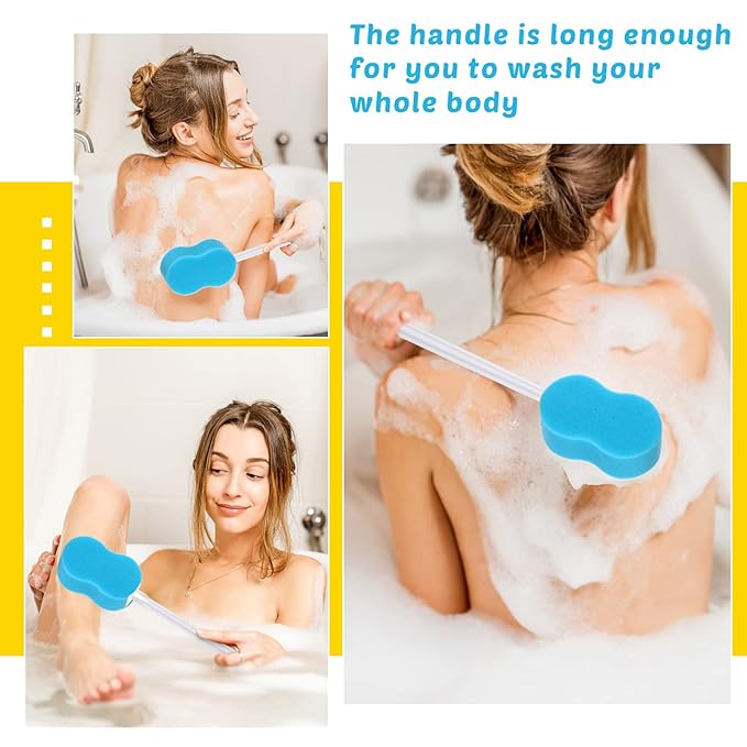 Norme 3 Pcs 22.4 Inch Long Handle Back Bath Sponge Lightweight Sponge on a Stick Body Cleaning Handled Washer Scrubber for Foot Body Limited Range of Motion, Blue