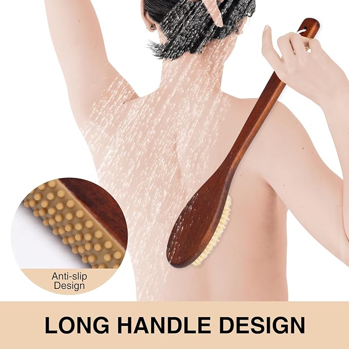 Wooden Bath Brush with Stiff Sisal Bristles Long Handle for Shower Back Scrubber Body Exfoliator, with Hook for Hanging (Stiff Sisal Hair)