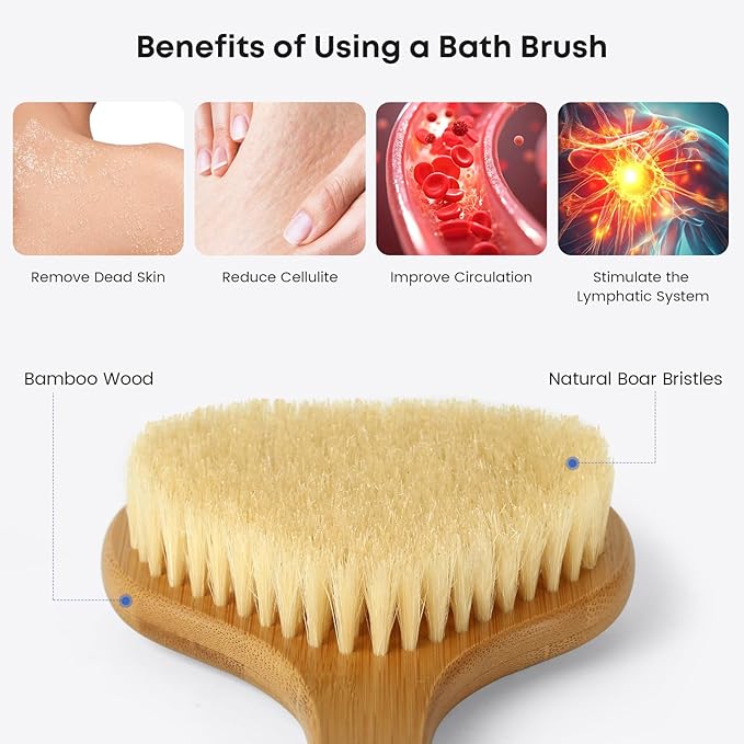 Bamboo Back Scrubber with Curved Long Handle, 17.3 Inches Exfoliating Shower Brush with Stiff Bristles for Men and Women, Back Washer Body Exfoliator for Bath or Dry Brushing