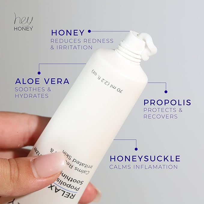 Hey Honey Skincare Relax - Instant Rosacea Relief Cream for Sensitive Skin | Calming Face Moisturizer for Facial Redness & Irritation | Dermatologist Tested, Oil-Free with Honey & Propolis | 2.2 Oz