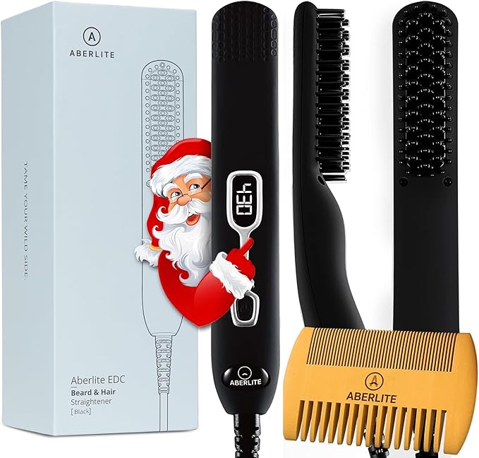Aberlite EDC - Men's Professional Heated Beard Straightening Brush and Grooming Tool (for 0.5 inch plus Beards) (Black)