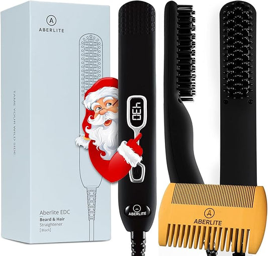 Aberlite EDC - Men's Professional Heated Beard Straightening Brush and Grooming Tool (for 0.5 inch plus Beards) (Black)