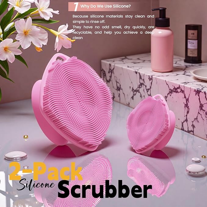 Silicone Body Scrubber with Suction Cup, Gentle Texture Exfoliating Body Scrubber for Men and Women On Sensitive Skin, Build Up Lather, Deep Skin Clean (Body+ Face Scrubber Pink)