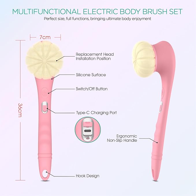 VOYOR Electric Body Brush Back Scrubber Silicone Body Scrubber Two-Way Rotating Brush Head for Deep Cleaning, Exfoliation, 4 Attachments Long Handle IPX6 Rechargeable Shower Brush BC300 (Pink)