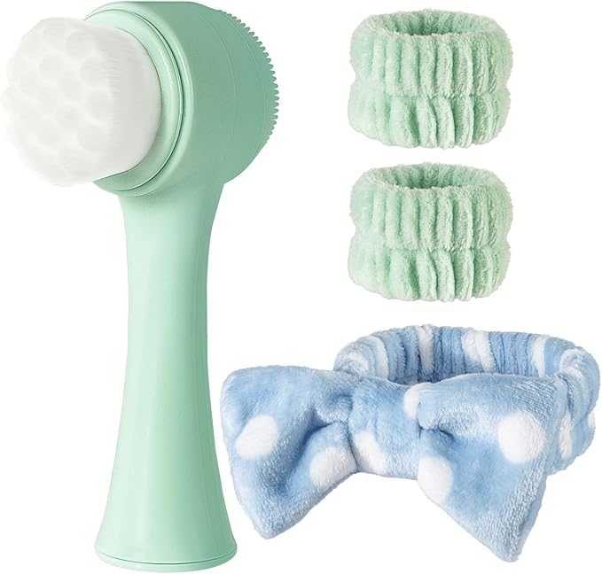 Facial Cleansing Brush 2 in 1, Silicone Face Scrubber Dual Face Brush for Deep Pore Cleansing and Exfoliating, Skincare Headband and Wristbands Set for Washing Face, Massaging Spa Makeup, Cyan