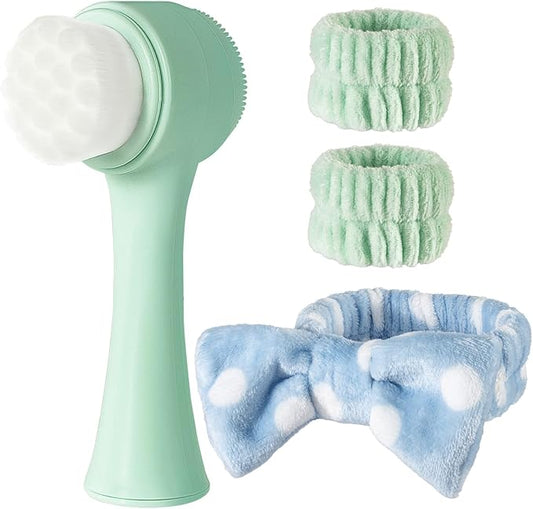 Facial Cleansing Brush 2 in 1, Silicone Face Scrubber Dual Face Brush for Deep Pore Cleansing and Exfoliating, Skincare Headband and Wristbands Set for Washing Face, Massaging Spa Makeup, Cyan