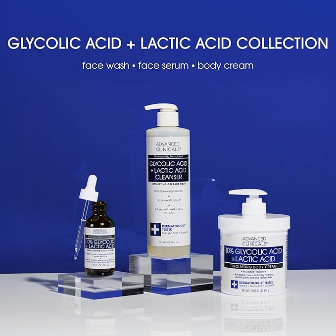 Advanced Clinicals Exfoliating 10% Glycolic Acid Serum For Face + Lactic Acid | Facial Exfoliant AHA + Salicylic Acid Serum To Improve Look Of Large Pores, Uneven Skin Tone, & Dark Spots, 1.75 FL Oz