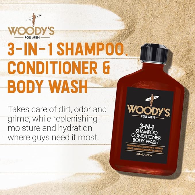 Woody's 3-in-1 Shampoo, Conditioner & Body Wash for Men, Travel-Size, All-in-One Hair & Body Cleanser for Daily Use, 12 fl oz