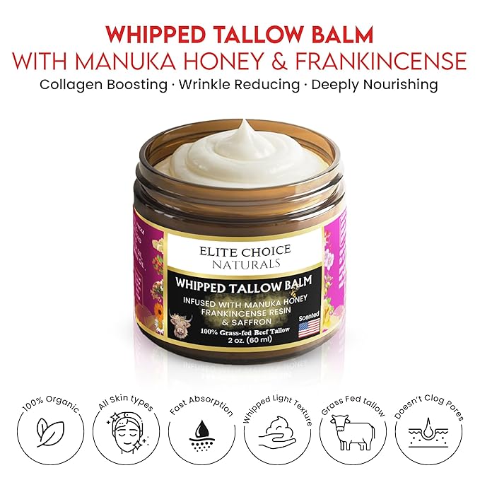 Whipped Tallow Honey Balm – Grass-Fed Beef Tallow infused with Organic Manuka Honey, Rosehip, Jojoba & Olive Oils – Nourishing Face, Neck & Body Lotion, 100% Organic (Frankincense Scent - 2 oz)
