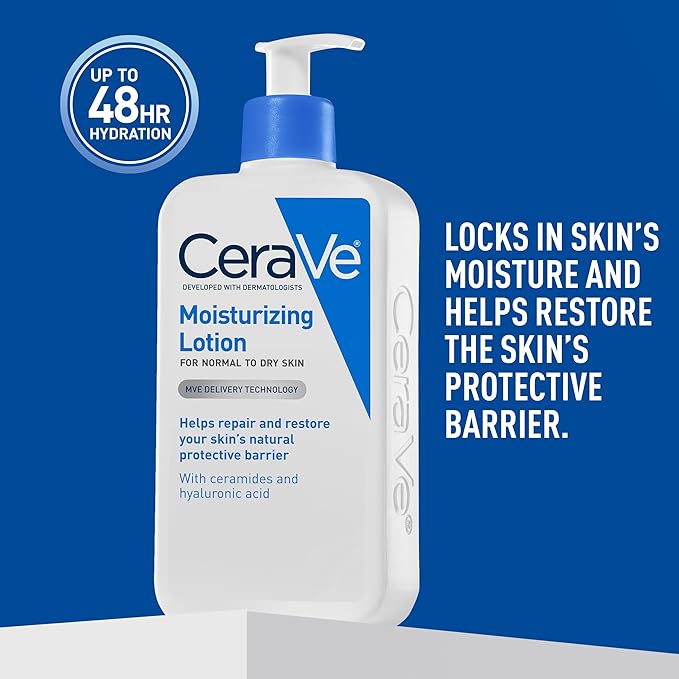 CeraVe Daily Moisturizing Lotion for Dry Skin, Body Lotion & Face Moisturizer with Hyaluronic Acid and Ceramides, Daily Moisturizer, Fragrance Free, Oil-Free, 19 Ounce