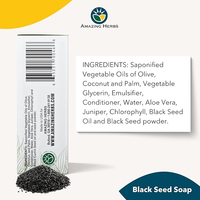 Amazing Herbs Black Seed Soap - 100% Pure Cold-Pressed Black Cumin Seed Oil, All Natural, Free of Colors, Dyes, & Fragrances - Black Seed Aleo Vera Soap, 4.25 Oz (Pack of 3)