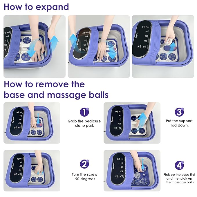 Foot Spa Electric Rotary Massage, Collapsible Foot Bath with Heat, Bubble,Temp Control, and 24 Motorized Shiatsu Massage Balls, Pedicure Foot Spa for Feet Relaxation (Blue)