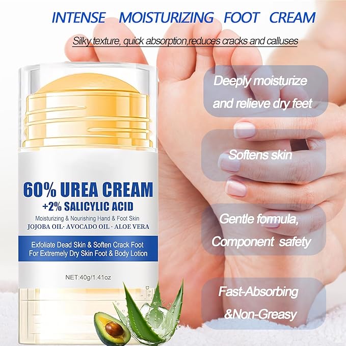 Urea Cream 60% plus Salicylic Acid 2%Hydrating and Anti-Cracking Urea Foot Cream,Foot Balm Stick Repairs Cracked Heel Feet Maximum Strength,Moisturizer for Dry Cracked,Feet, Knees, Elbows, Hands