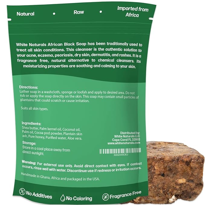 Raw African Black Soap 1lb Bar, for Dry Skin and Skin Conditions, Pure & Natural Ingredients, Imported From Ghana Handcraft Cleanser for Face, Body, and Hair, Vegan & Gentle Skin Care Bar
