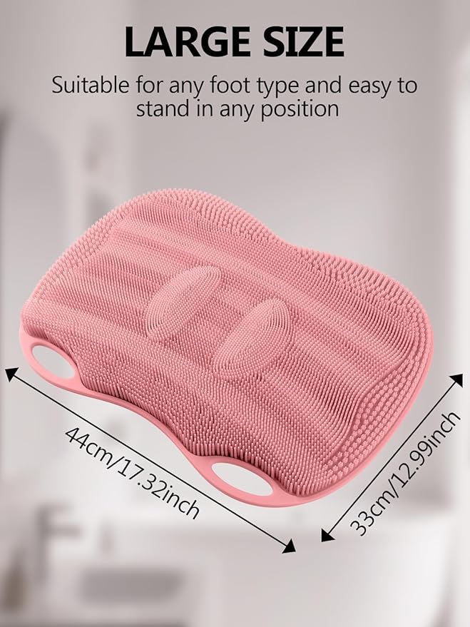 Kalolary Silicone Shower Foot Scrubber Mat, Large Foot Scrubber in Shower with Non Slip Suction Cups Foot Cleaner Brush to Clean Exfoliate and Massage Feet Without Bending Over Easy to Clean (Pink)