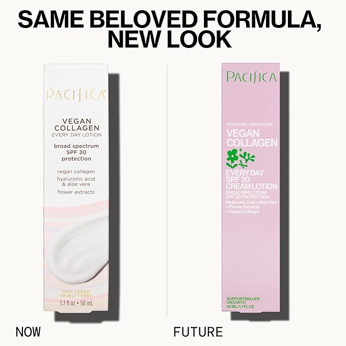 Pacifica Beauty Vegan Collagen SPF 30 Broad Spectrum Sunscreen Every Day Face Lotion, UVA/UVB Protection for All Skin Types, Lightweight, Moisturizing & Hydrating, Cruelty Free, White, 1.7 Fl Oz
