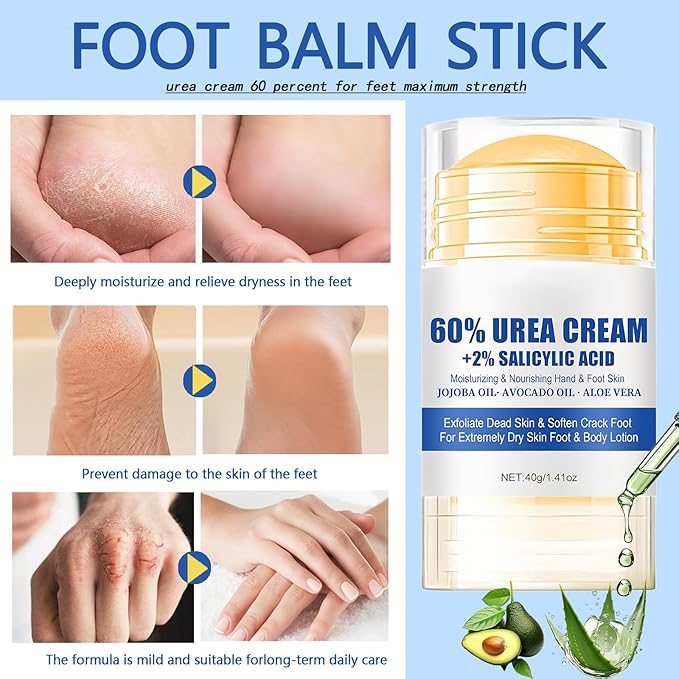 Urea Cream 60% plus Salicylic Acid 2%Hydrating and Anti-Cracking Urea Foot Cream,Foot Balm Stick Repairs Cracked Heel Feet Maximum Strength,Moisturizer for Dry Cracked,Feet, Knees, Elbows, Hands