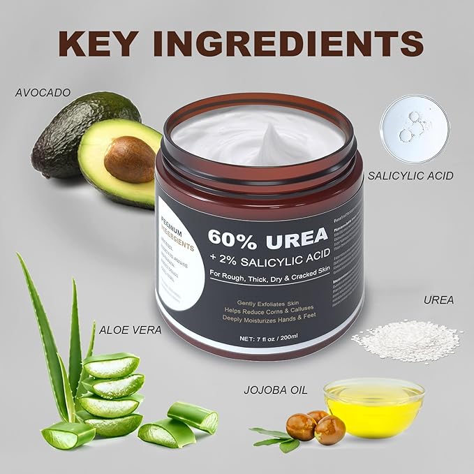 60% Urea Foot & Hand Cream with 2% Salicylic Acid - Intensive Moisturizer for Dry, Cracked Heels, Feet, Elbows, Hands and Knees - Foot Exfoliating Creams with Jojoba Oil, Avocado Oil & Aloe Vera, 7 oz
