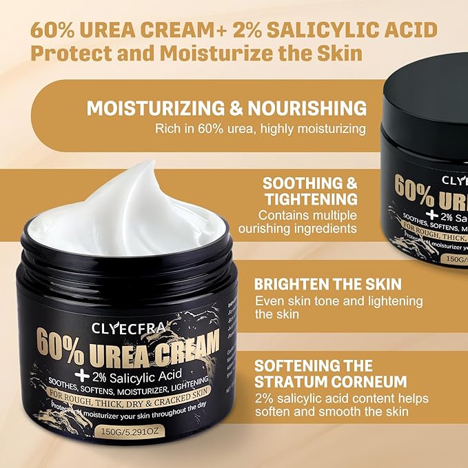 60% Urea Cream with 2% Salicylic Acid, Urea Cream 60 Percent for Feet & Hands- Maximum Strength Moisturizer for Rough, Dry, Thick & Cracked Skin, Callus Remover, Deep Hydration, 150g