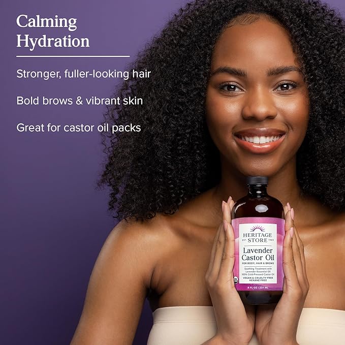 HERITAGE STORE Lavender Castor Oil Organic - Soothing Hair Treatment w/ Lavender Essential Oil - Hair Care, Skin Care, Castor Pack Wrap - Calming Scent, Vegan, Hexane Free, 60-Day Guarantee, 8oz