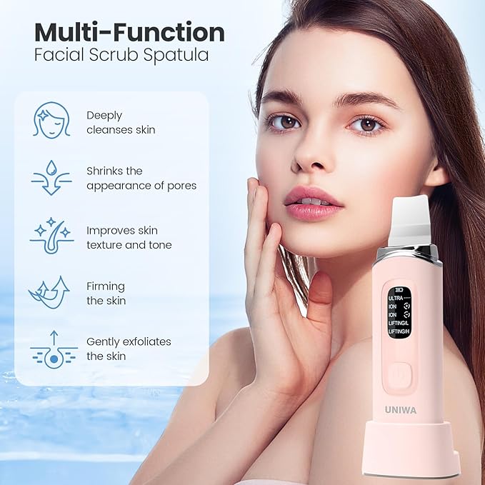 UNIWA Skin Scrubber Face Spatula, Skin Scrubber Pore Cleaner Blackhead Remover Tool for Deep Facial Cleansing - 4 Modes, Face Spatula with USB Charger, LCD Display, IPX7 Waterproof -Pink