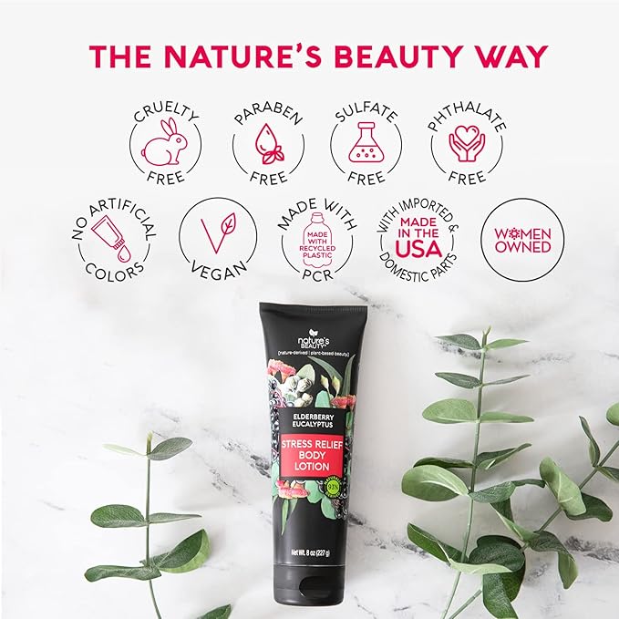 Nature's Beauty Elderberry Eucalyptus Stress Relief Body Lotion Multi-Pack - Lightweight, Non-Greasy Restore Moisturizer, Made w/Shea Butter, Avocado Oil and Sweet Almond Oil, 8 oz (2 Pack)