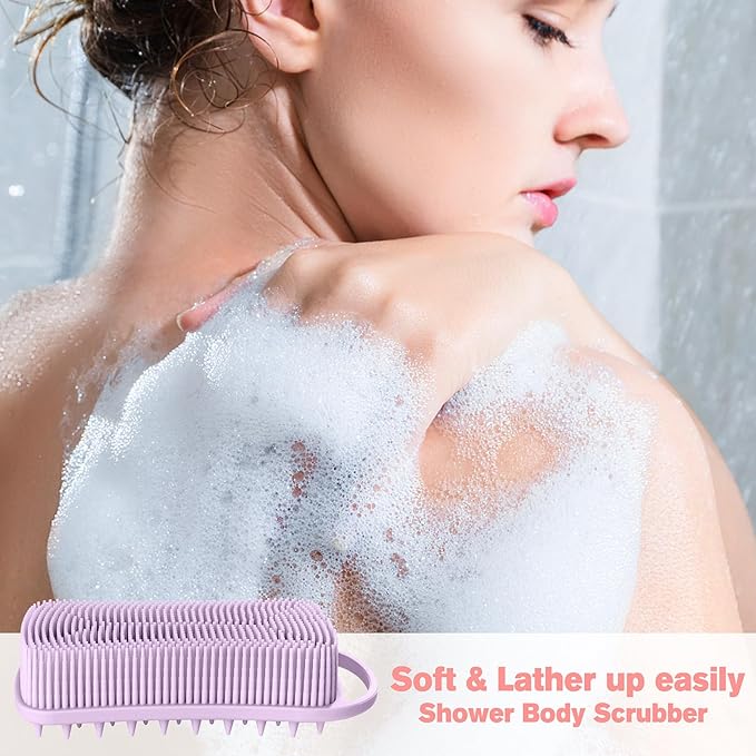 Silicone Body Scrubber, 2 in 1 Body Brush Hair Scalp Brush for Shower and Bath, Easy Clean, Lathers Well, Stimulating Blood Circulation More Hygienic Than Loofah, Fit Women Men.1Pc Lavender