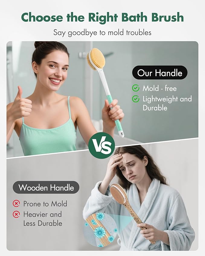 Back Scrubber Body Shower Brush: Anti Slip Long Handle Bath Brush with Stiff and Soft Bristles - Showering Exfoliator Wet or Dry Brushing for Women, Men, Elderly (Mint Green)